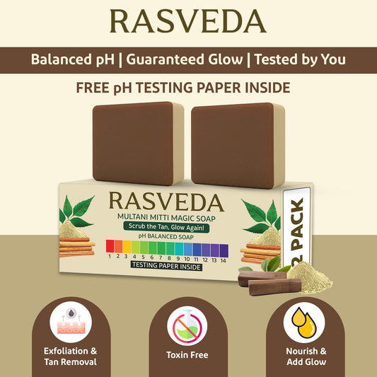 Rasveda Multani Mitti Magic Soap (Pack of 2) | Natural Tan Removal & Exfoliating Soap Bar | pH Balanced, Toxin-Free Bath Soap for Glowing Skin | Free pH Testing Paper Inside