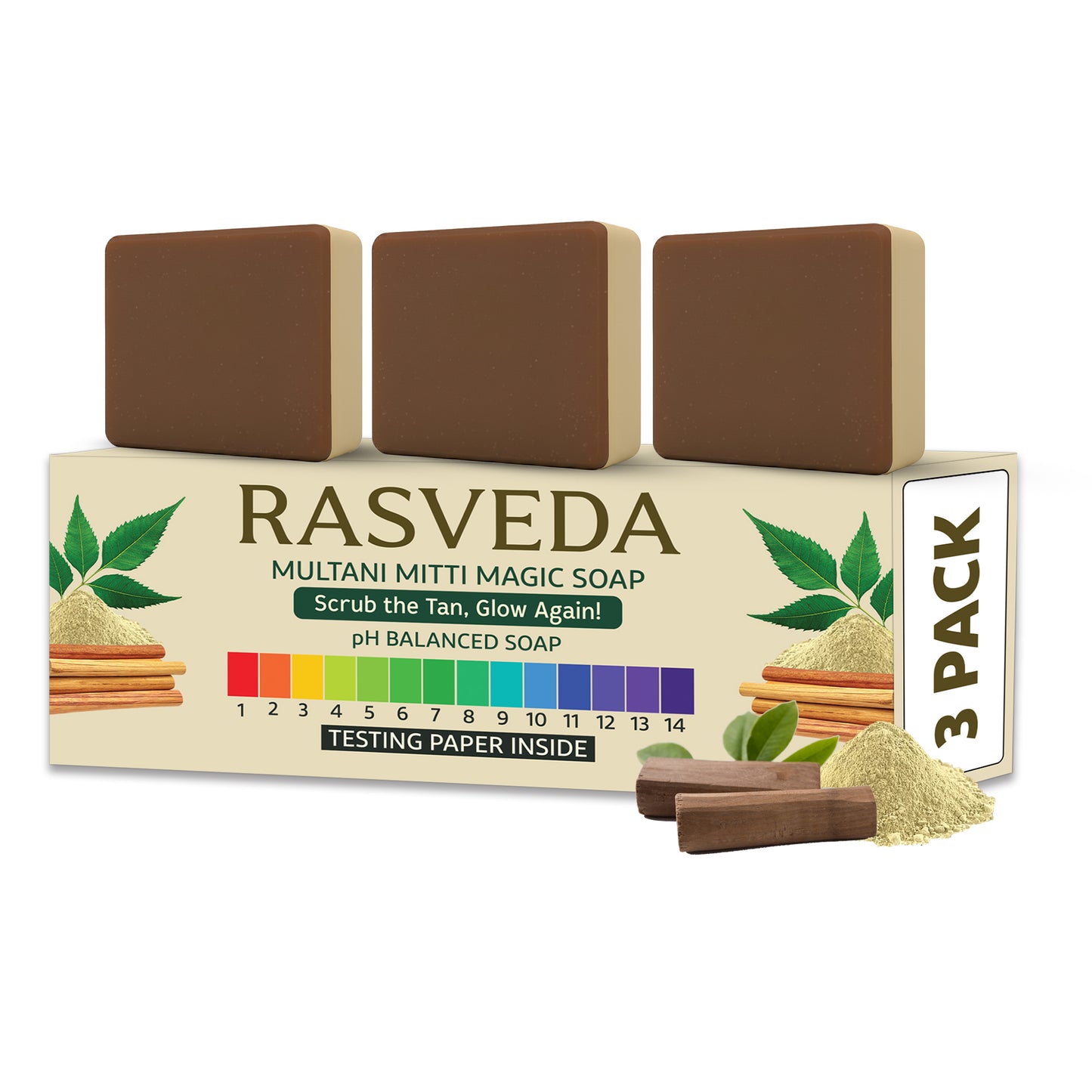 Rasveda Multani Mitti Magic Soap | Natural Tan Removal & Exfoliating Soap Bar | pH Balanced, Toxin-Free Bath Soap for Glowing Skin | Free pH Testing Paper Inside