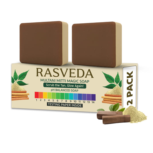 Rasveda Multani Mitti Magic Soap (Pack of 2) | Natural Tan Removal & Exfoliating Soap Bar | pH Balanced, Toxin-Free Bath Soap for Glowing Skin | Free pH Testing Paper Inside