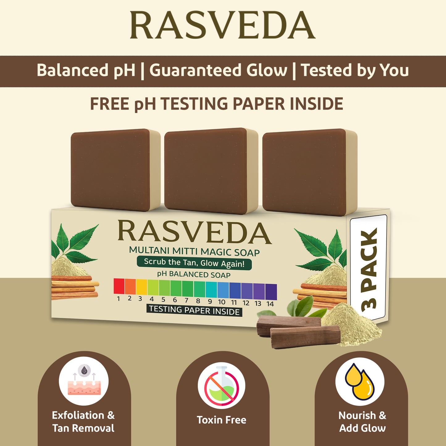Rasveda Multani Mitti Magic Soap (Pack of 3) | Natural Tan Removal & Exfoliating Soap Bar | pH Balanced, Toxin-Free Bath Soap for Glowing Skin | Free pH Testing Paper Inside
