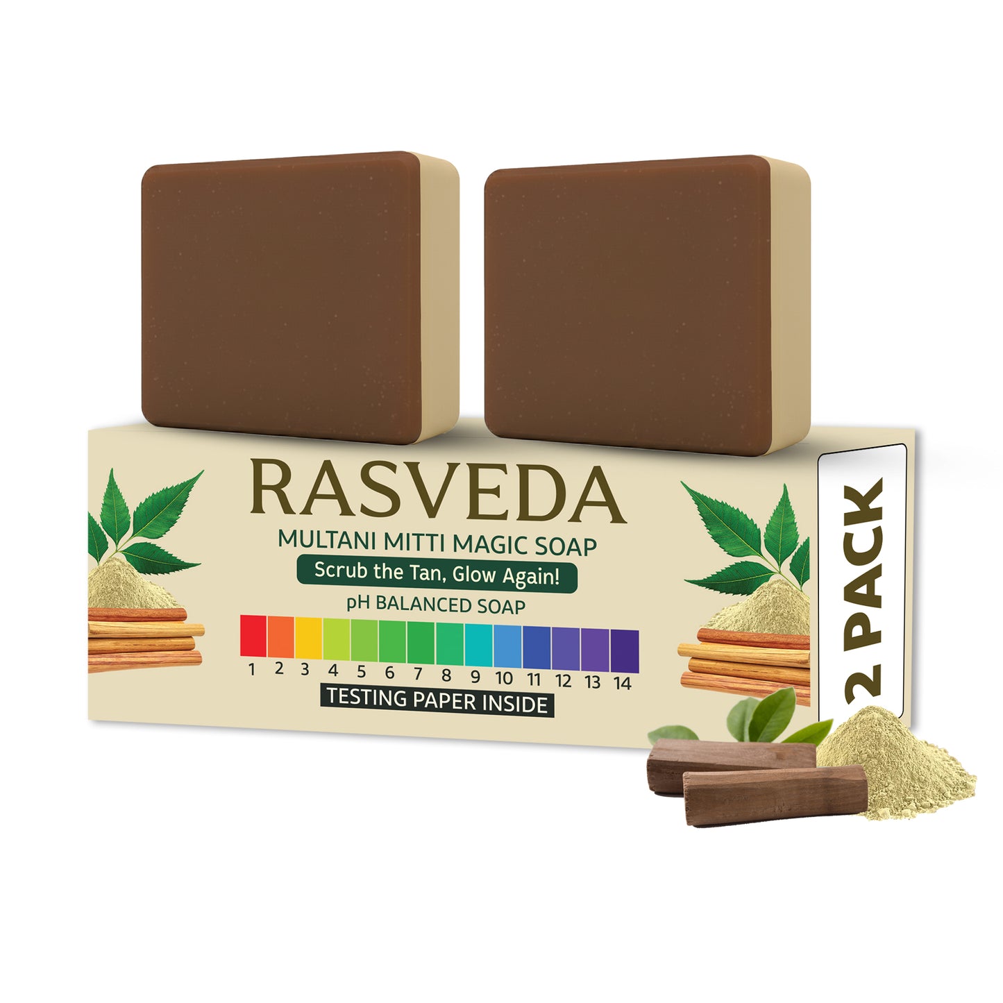 Rasveda Multani Mitti Magic Soap | Natural Tan Removal & Exfoliating Soap Bar | pH Balanced, Toxin-Free Bath Soap for Glowing Skin | Free pH Testing Paper Inside