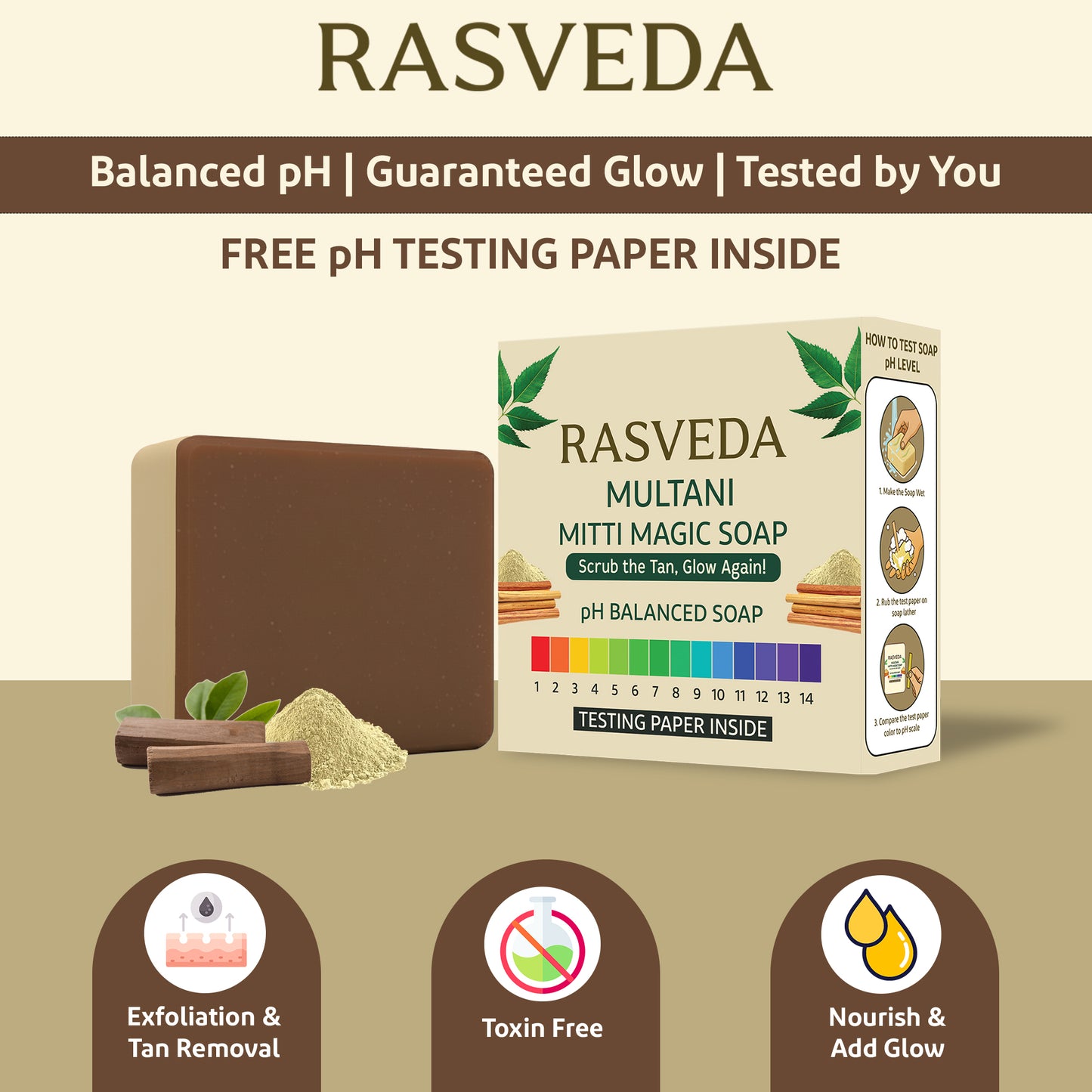 Rasveda Multani Mitti Magic Soap | Natural Tan Removal & Exfoliating Soap Bar | pH Balanced, Toxin-Free Bath Soap for Glowing Skin | Free pH Testing Paper Inside