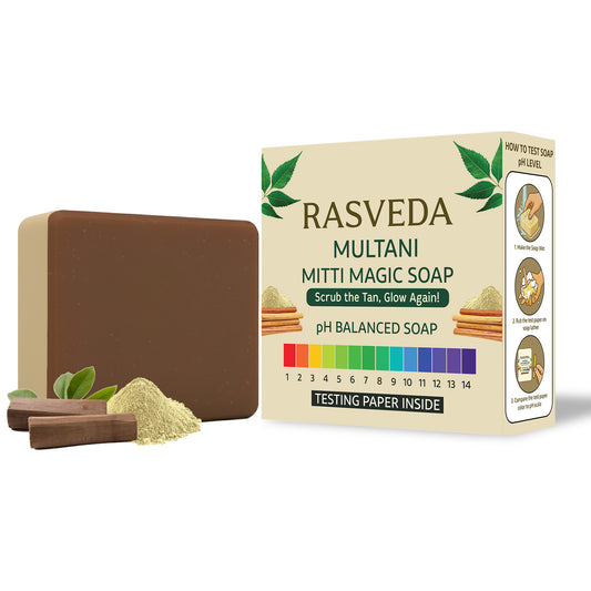 Rasveda Multani Mitti Magic Soap | Natural Tan Removal & Exfoliating Soap Bar | pH Balanced, Toxin-Free Bath Soap for Glowing Skin | Free pH Testing Paper Inside