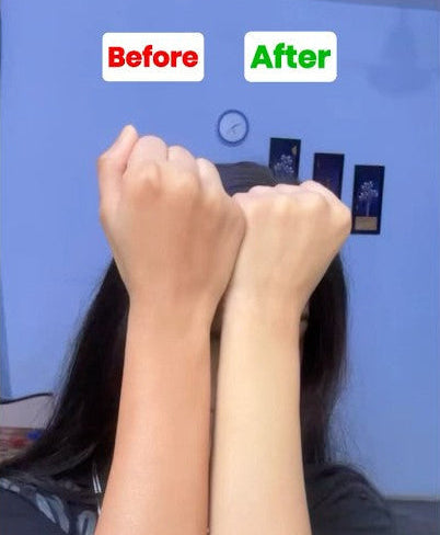 Before and after tan removal results using Rasveda Multani Mitti Magic Soap showing visibly brighter and glowing skin.